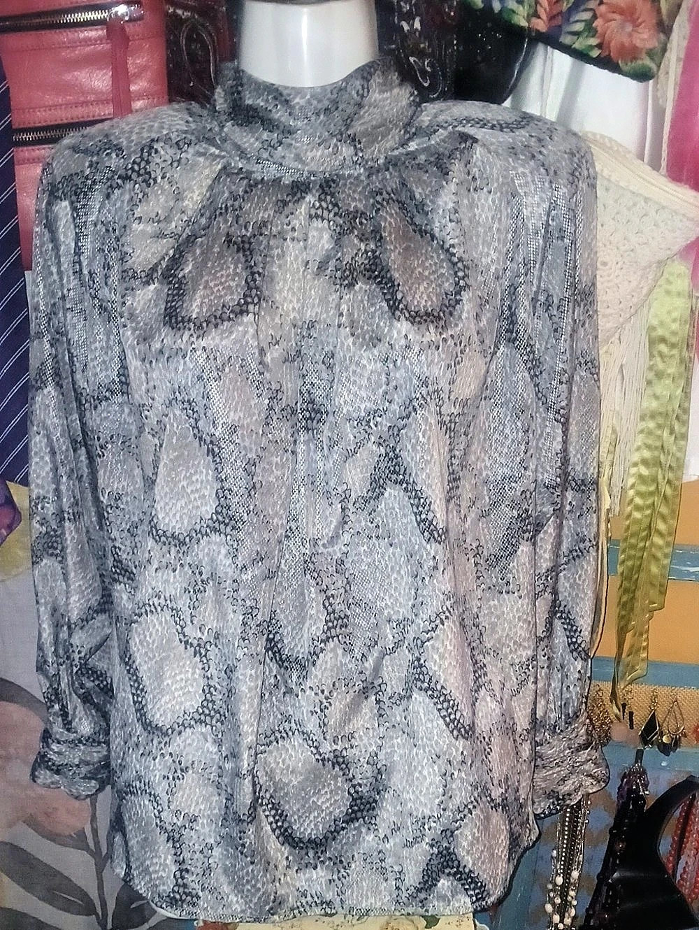Vintage 80s Martinique Animal Print Mock Neck  Blouse